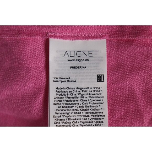 Aligne Women US4 Fuscha Pink Frederika Dress Smocked Puff Sleeve Pckt Linen Maxi - Picture 10 of 15